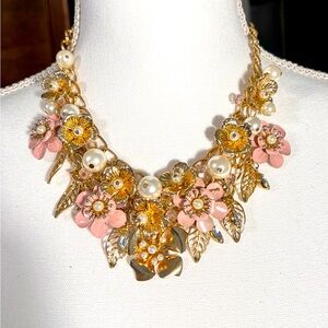 Floral necklace , flowers , gold tone chain, leafs , pearls Statement Necklace